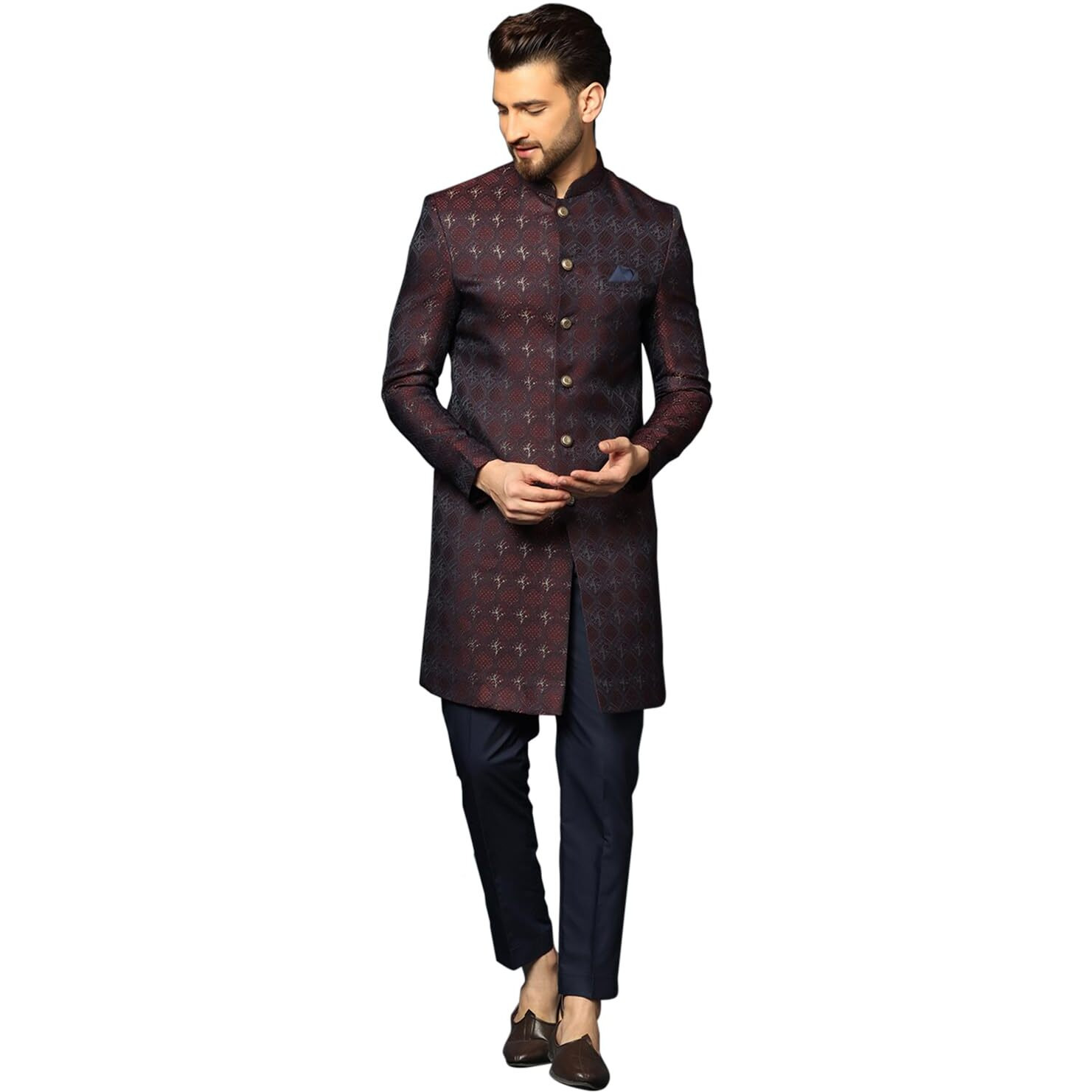 Kisah Men's Purple And Navy Blue Sherwani Trousers Set, Cotton Full Sleaves, Knee Length, Straight, Regular Fit, Mandarin Collar Ethnic Wear