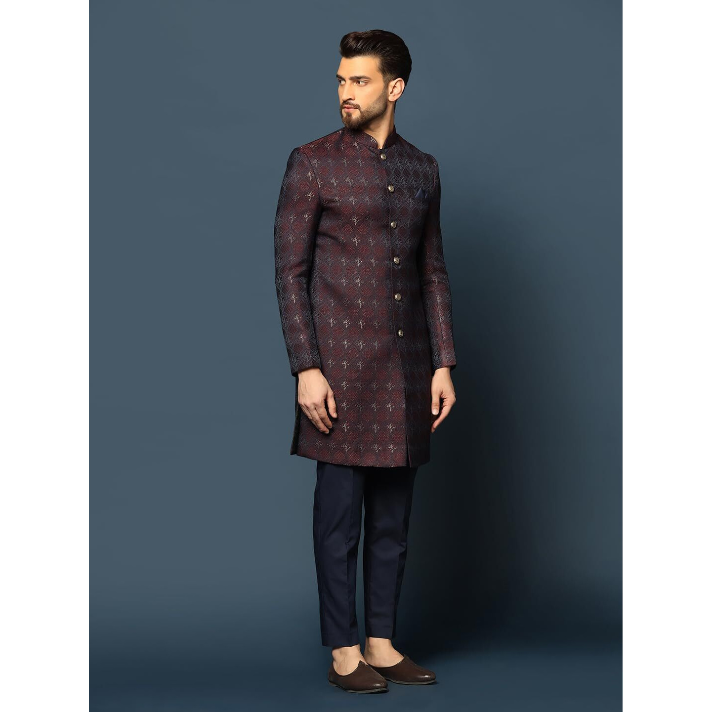 Kisah Men's Purple And Navy Blue Sherwani Trousers Set, Cotton Full Sleaves, Knee Length, Straight, Regular Fit, Mandarin Collar Ethnic Wear