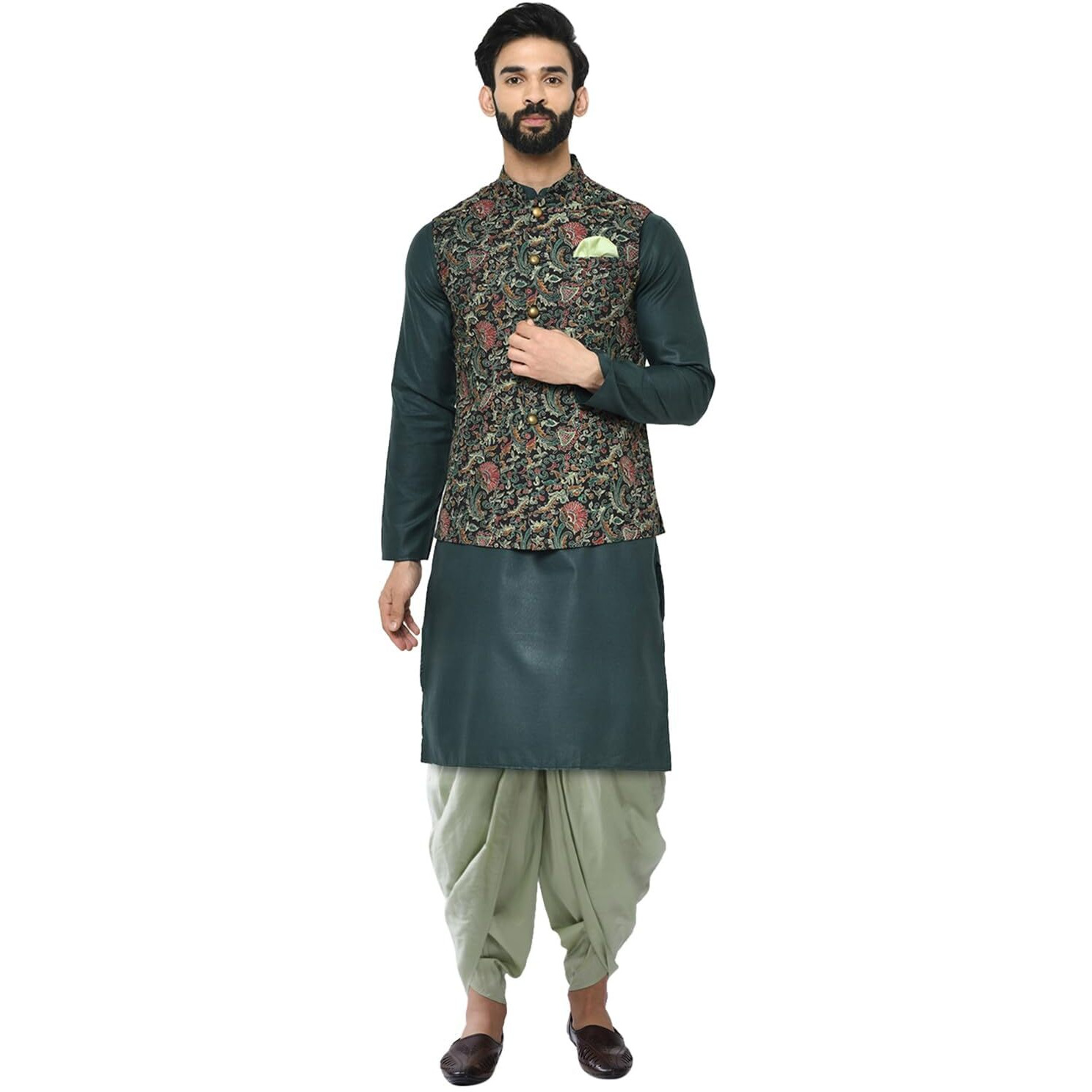 Kisah Men's Teal Green Kurta, Multi-Color Printed Nehru Jacket & Dhoti Set  Traditional Indian Ethnic Wear For Weddings & Festive Occasions