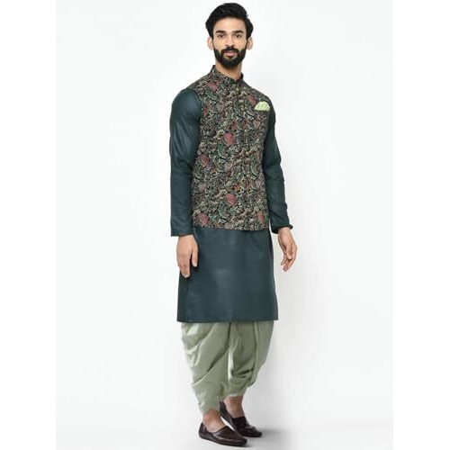 Kisah Men's Teal Green Kurta, Multi-Color Printed Nehru Jacket & Dhoti Set  Traditional Indian Ethnic Wear For Weddings & Festive Occasions