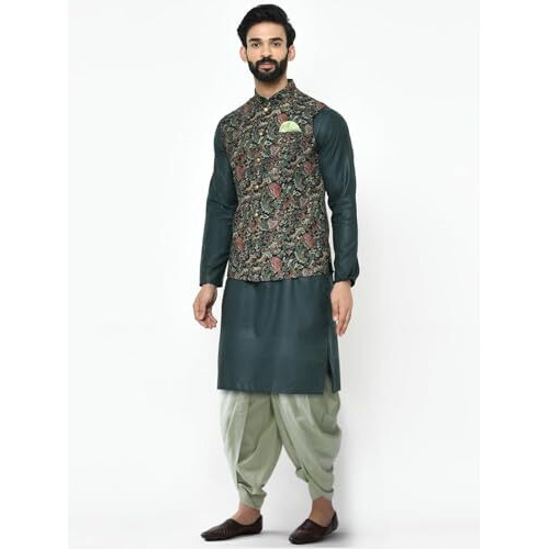 Kisah Men's Teal Green Kurta, Multi-Color Printed Nehru Jacket & Dhoti Set  Traditional Indian Ethnic Wear For Weddings & Festive Occasions