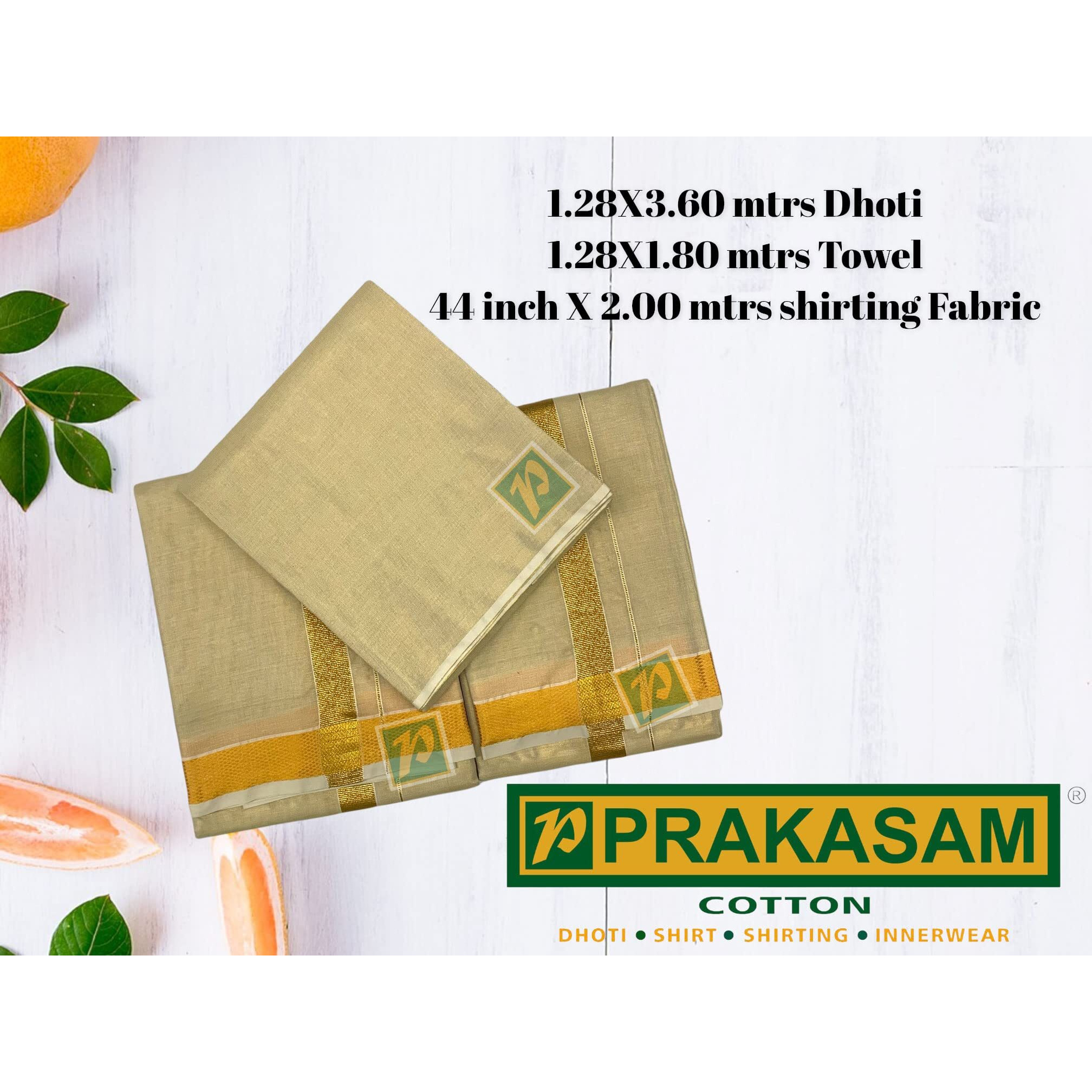 Prakasam Cotton Tissue Jari Wedding Set (Dhoti, Towel & Unstitched Shirting Fabric Set 3 In 1)- Dhoti 1.28X3.60Mtrs,Towel 1.28X1.80Mtrs & 44 Inches X 2.00 Mtrs Shirting Fabric Set