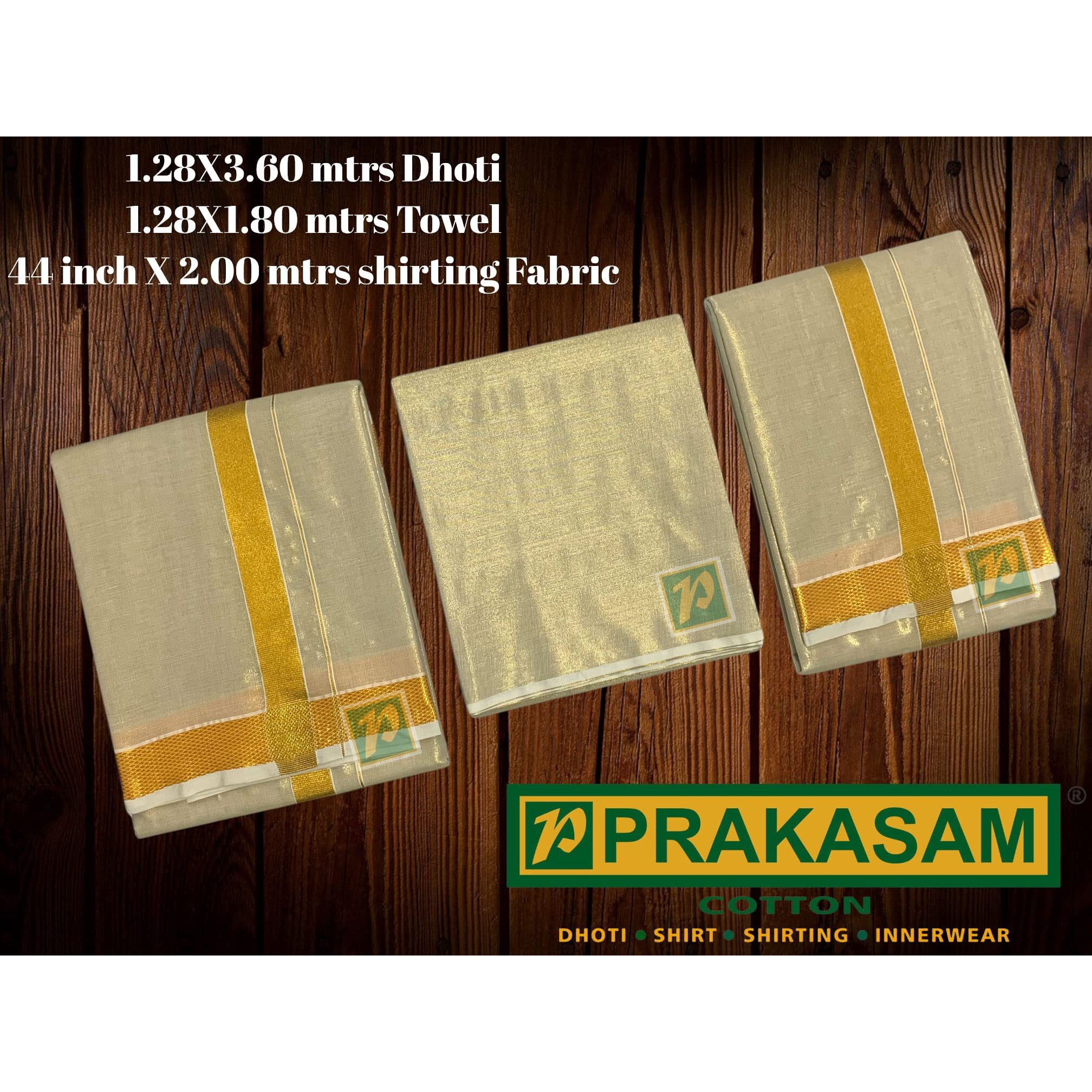 Prakasam Cotton Tissue Jari Wedding Set (Dhoti, Towel & Unstitched Shirting Fabric Set 3 In 1)- Dhoti 1.28X3.60Mtrs,Towel 1.28X1.80Mtrs & 44 Inches X 2.00 Mtrs Shirting Fabric Set
