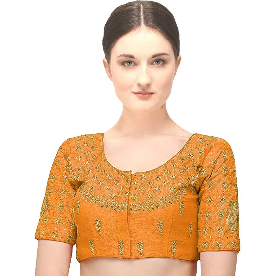 Pujia Mills Women's Phantom Silk Floral Half Sleeve Saree Blouse Keriii Blouse (Kerii_Yellow_38 Size+Margin)