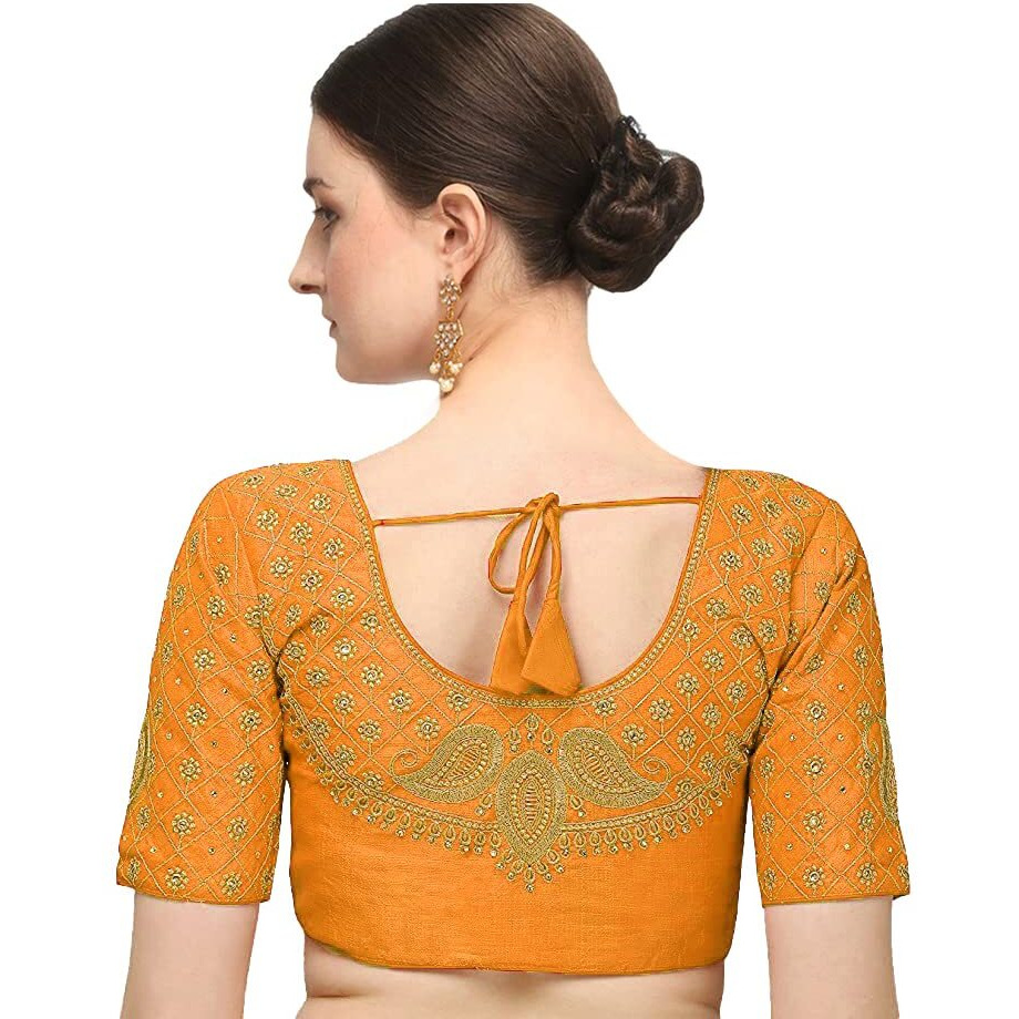 Pujia Mills Women's Phantom Silk Floral Half Sleeve Saree Blouse Keriii Blouse (Kerii_Yellow_38 Size+Margin)