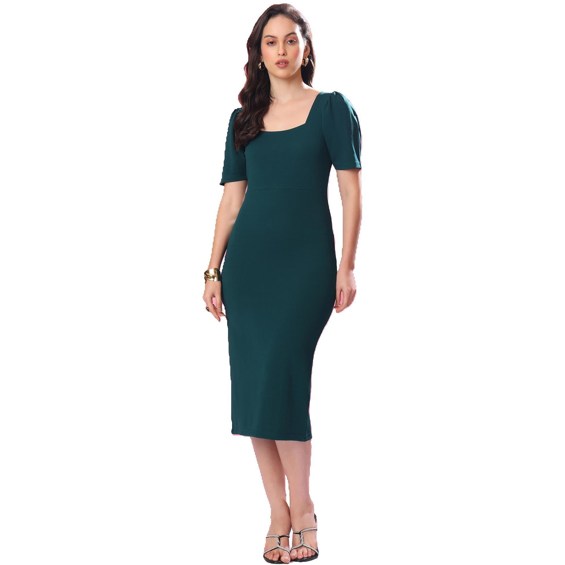 Purvaja Womens Bodycon Knee Length Dress (Bely-005_Green_Large)