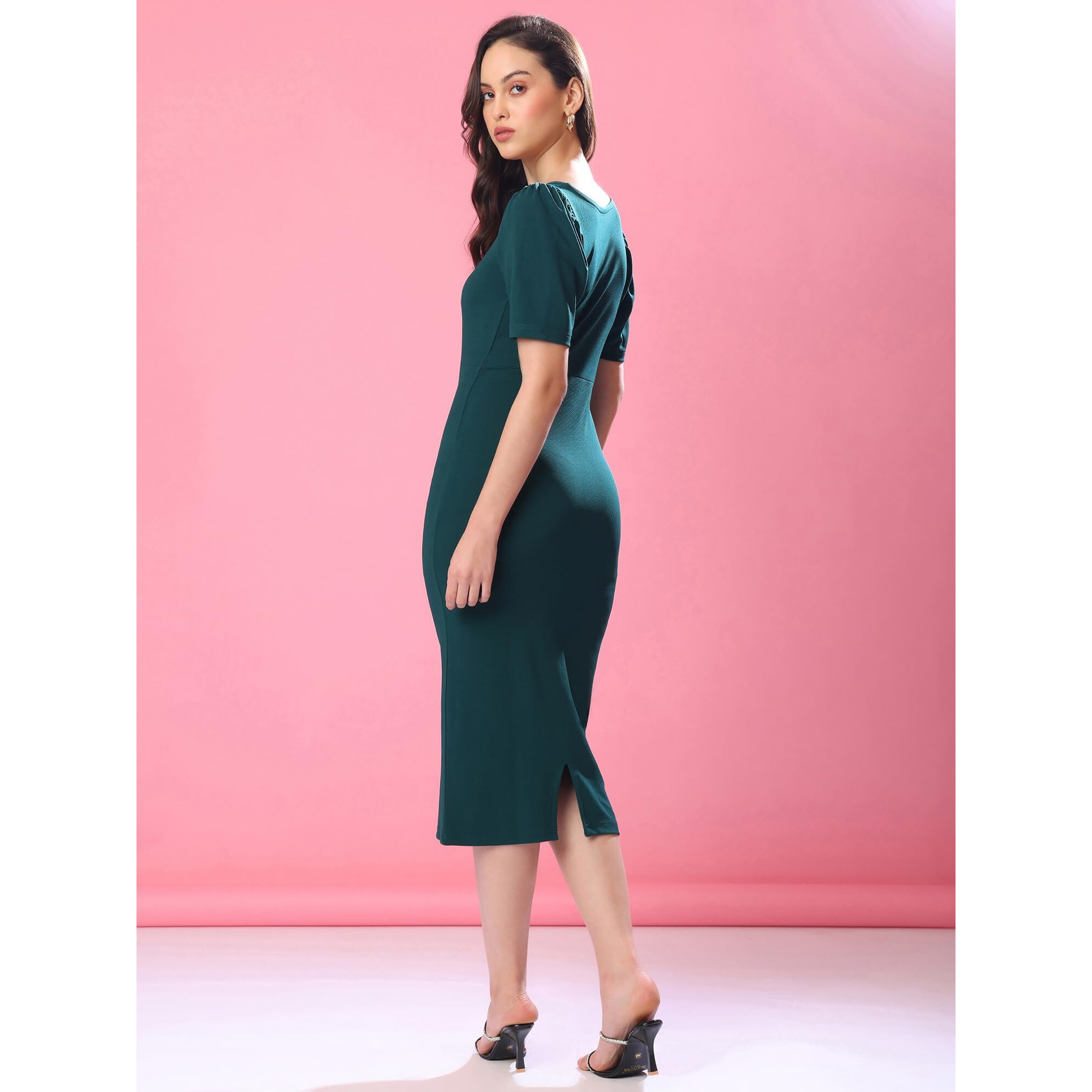 Purvaja Womens Bodycon Knee Length Dress (Bely-005_Green_Large)