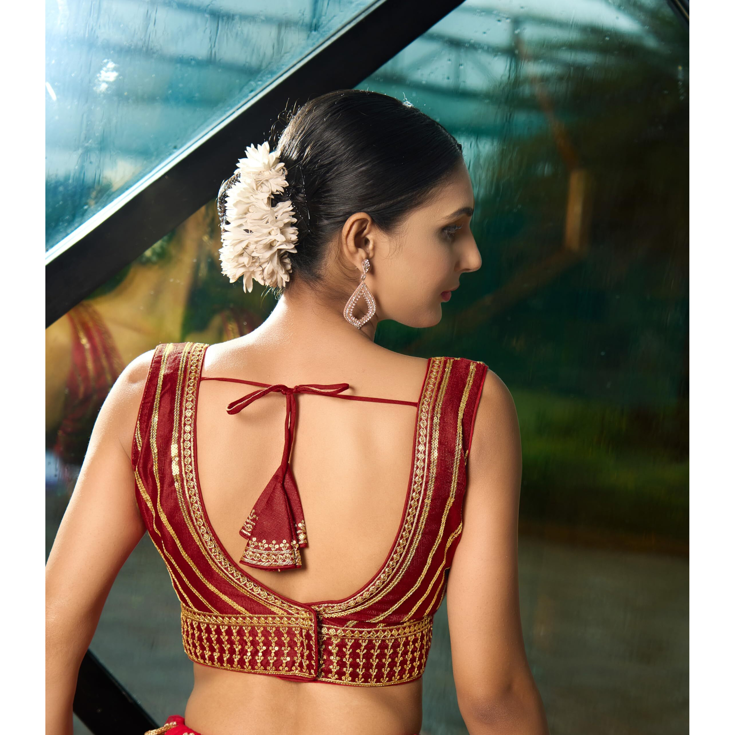 Pujia Mills Women's Readymade Blouse Embroidery Multi Coding Gold Thread Indian Ethnic Designer Stitched Readymade Saree Sleeveless Red Blouse For Women For Saree Lehenga Choli