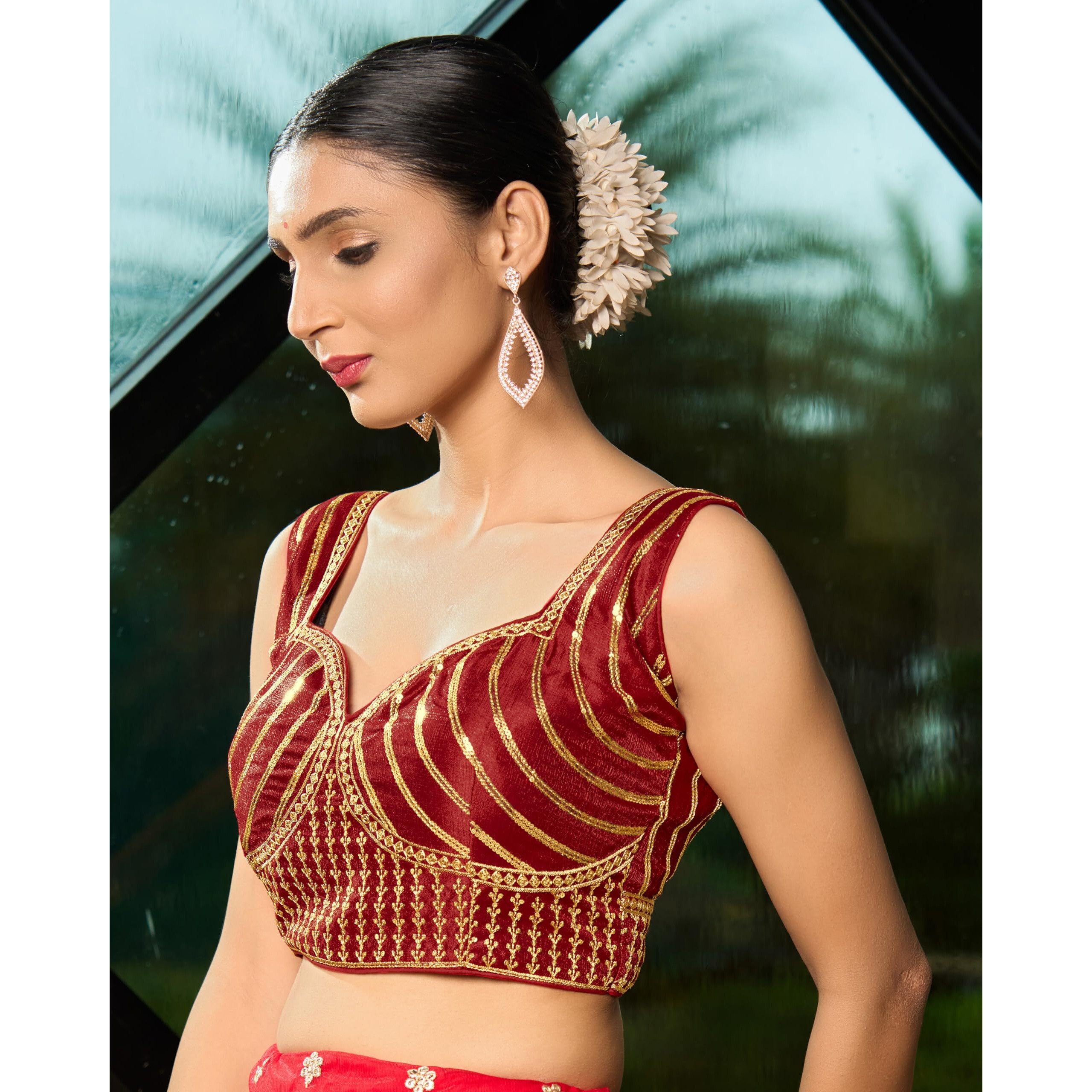 Pujia Mills Women's Readymade Blouse Embroidery Multi Coding Gold Thread Indian Ethnic Designer Stitched Readymade Saree Sleeveless Red Blouse For Women For Saree Lehenga Choli