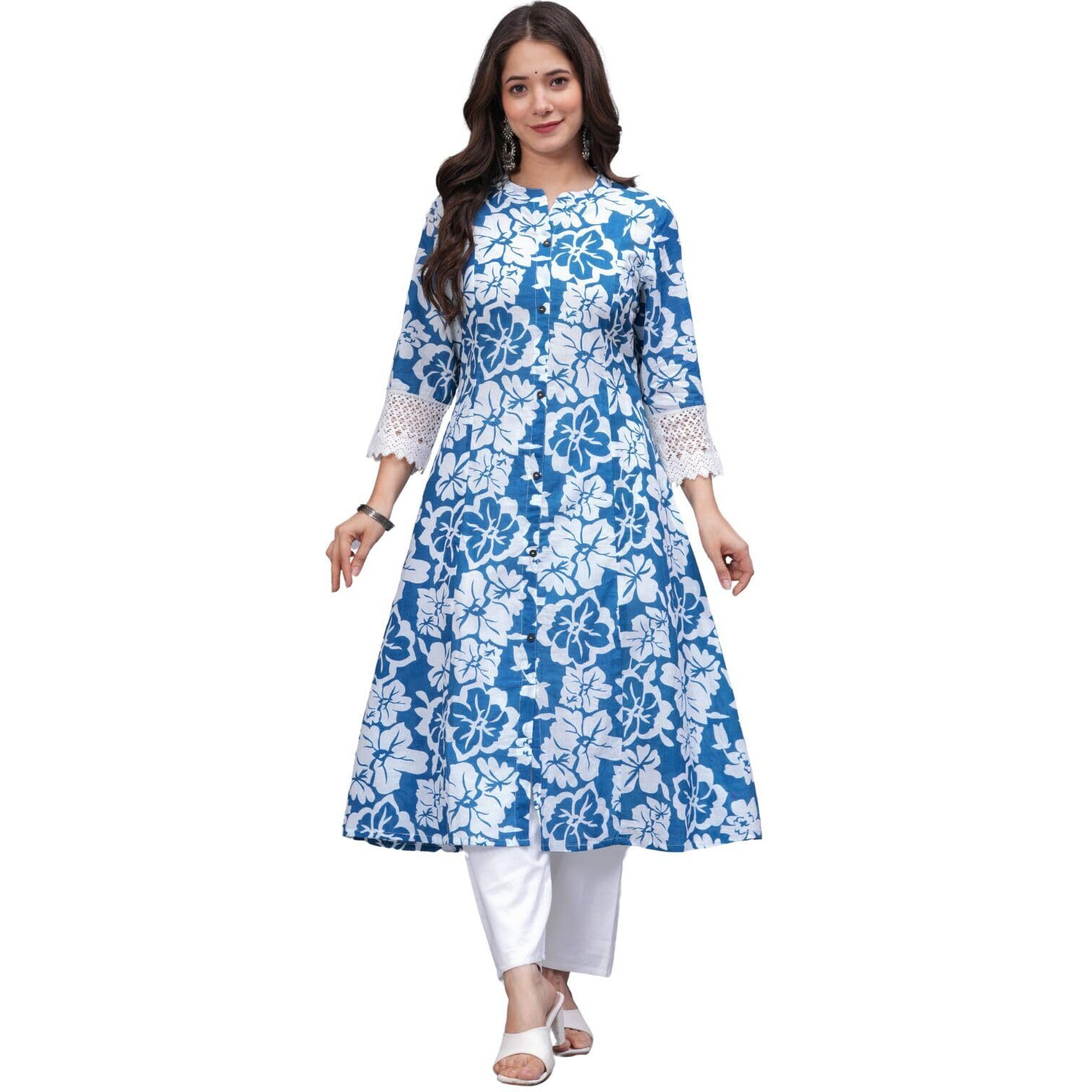 Rytras Women's Pure Cotton Printed A-Line Kurta Set With Palazzo Pants - Ethnic Wear, Blue(Ryt619-New,L)