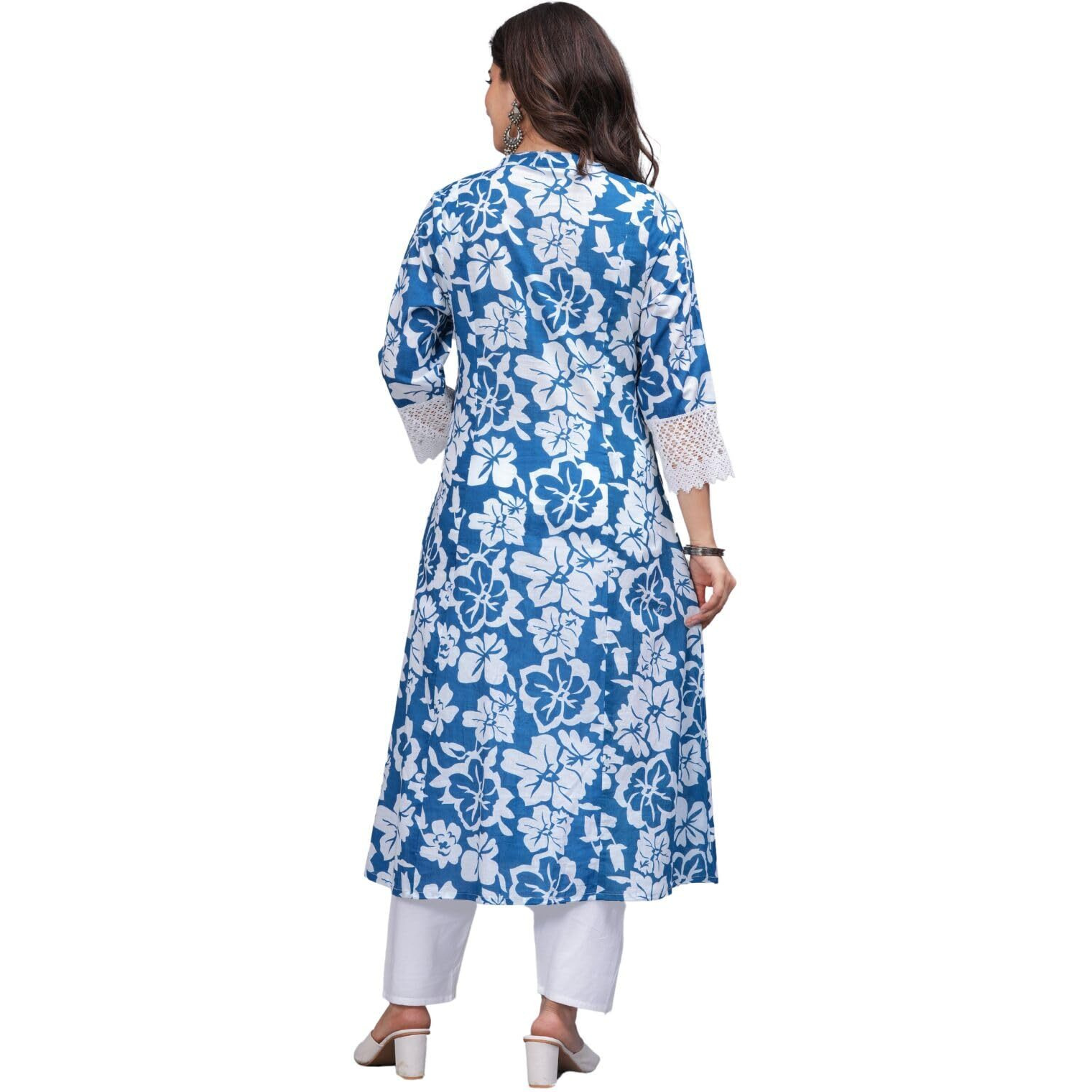 Rytras Women's Pure Cotton Printed A-Line Kurta Set With Palazzo Pants - Ethnic Wear, Blue(Ryt619-New,L)