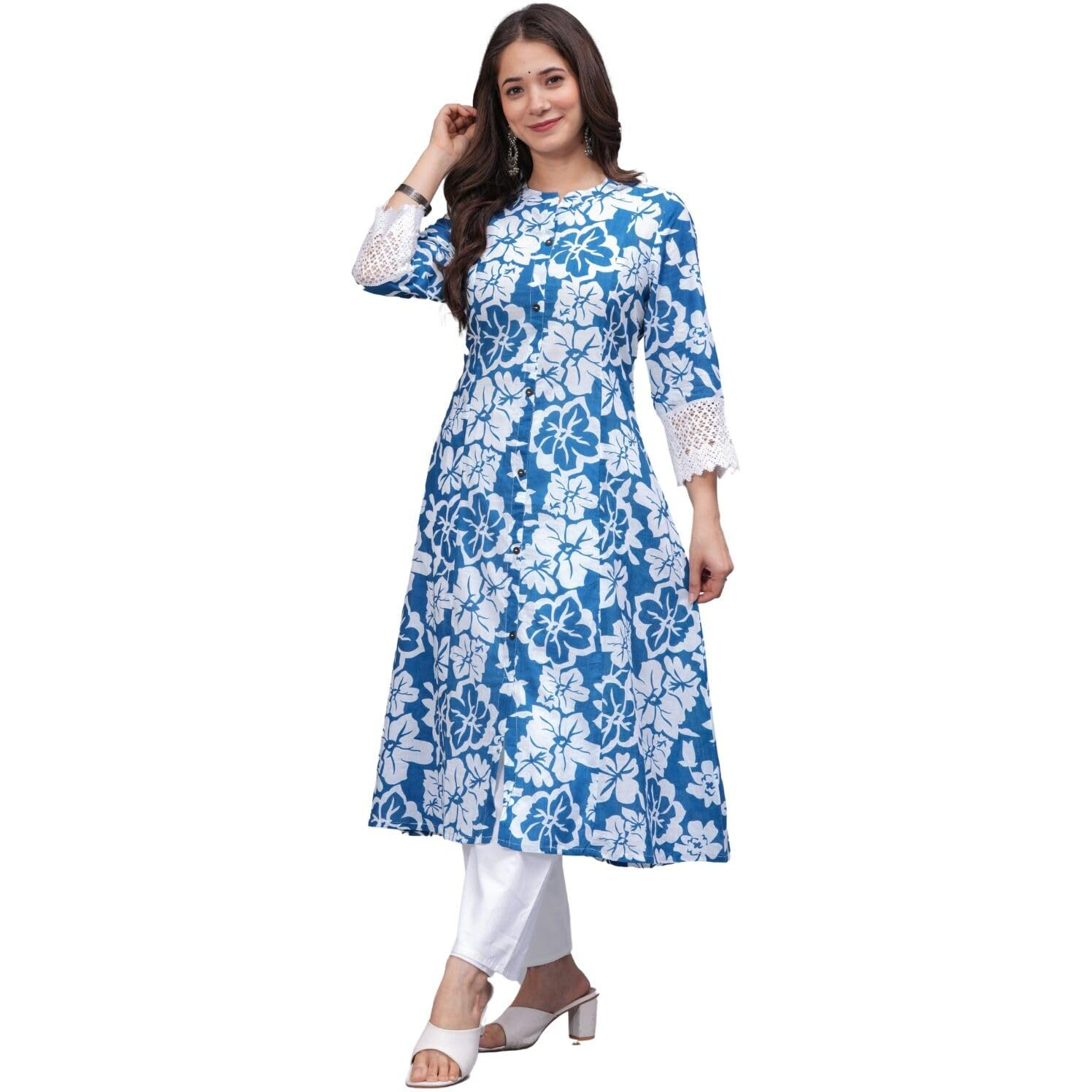 Rytras Women's Pure Cotton Printed A-Line Kurta Set With Palazzo Pants - Ethnic Wear, Blue(Ryt619-New,L)