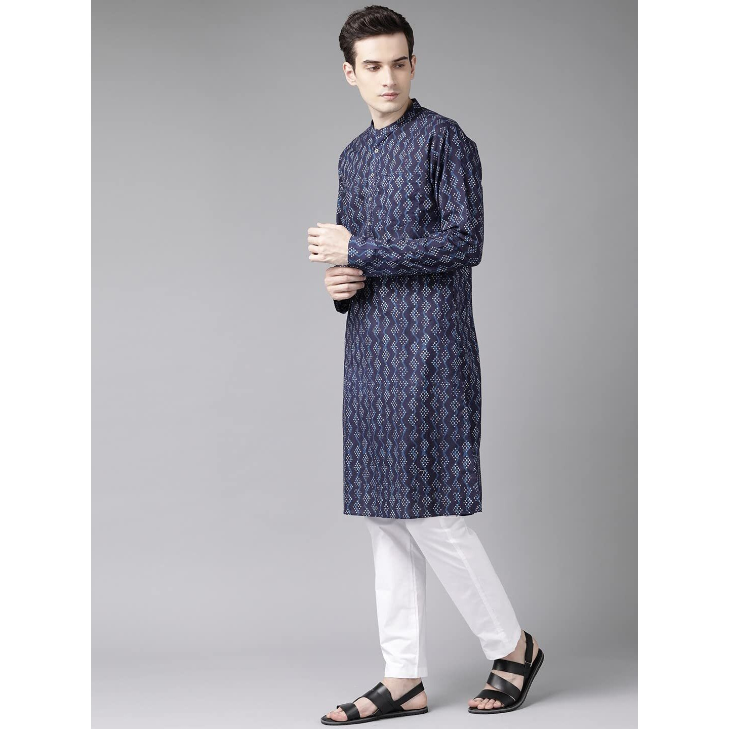 See Designs Blue Cotton Regular Fit Printed Kurta Mandarin Collar_Sdkt982Xl