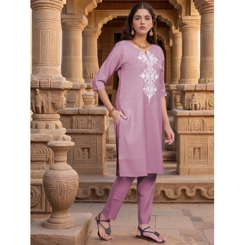 Shienzy Women's Cotton Blend Emroidered Kurta Pant Set | Ethnic Wear For Festive & Casual | Stylish Straight Fit | Elegant Indian Outfit (1662_Pnk_Xxl) Pink