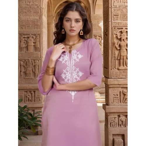 Shienzy Women's Cotton Blend Emroidered Kurta Pant Set | Ethnic Wear For Festive & Casual | Stylish Straight Fit | Elegant Indian Outfit (1662_Pnk_Xxl) Pink