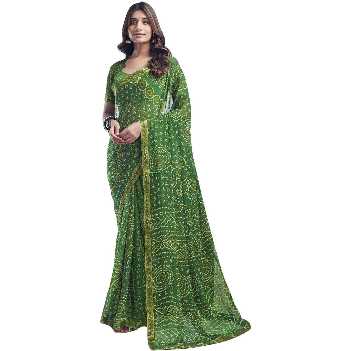 Shiv Textiles Women's Chiffon Bandhani Printed & Lace Border Saree(Sat-545S-107)