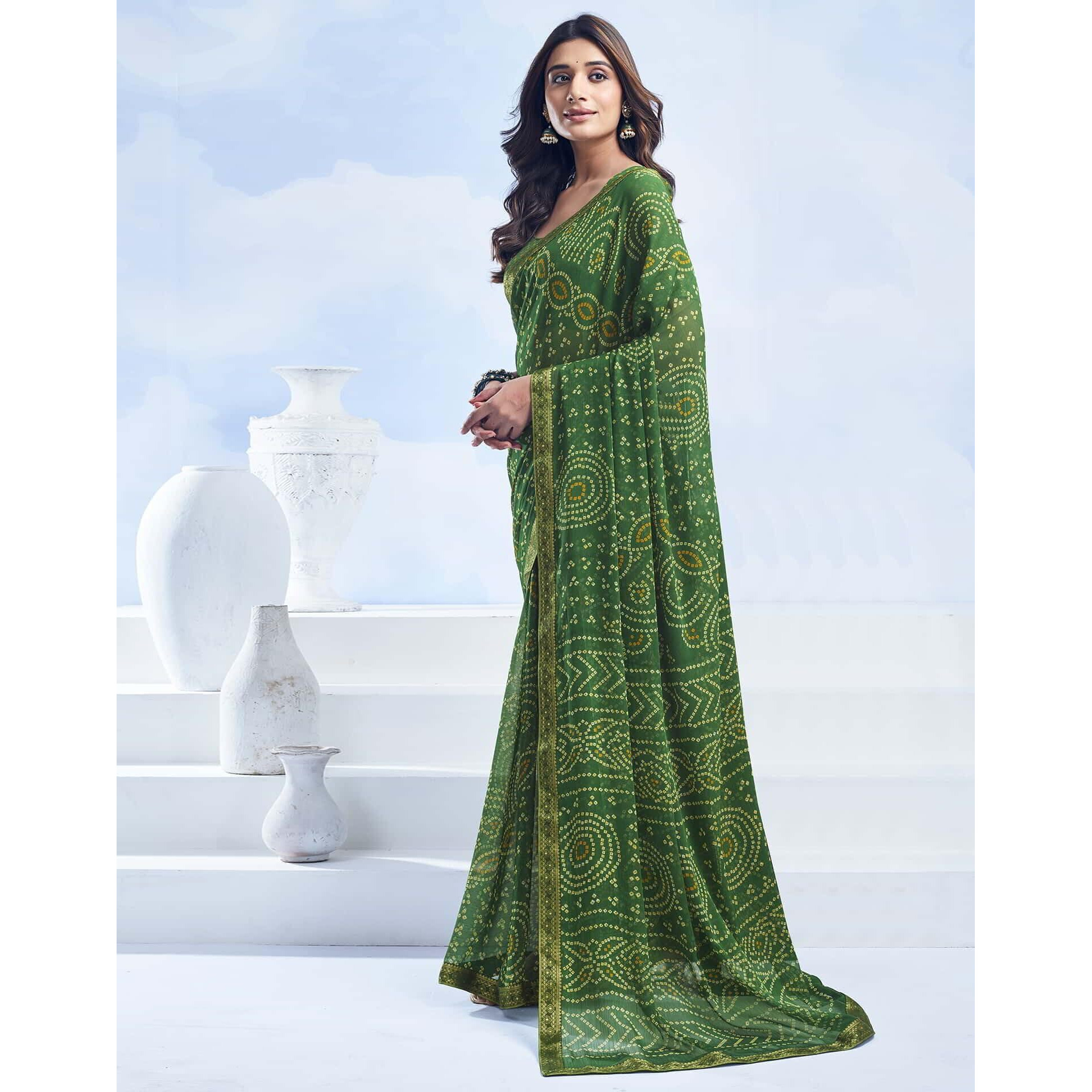 Shiv Textiles Women's Chiffon Bandhani Printed & Lace Border Saree(Sat-545S-107)