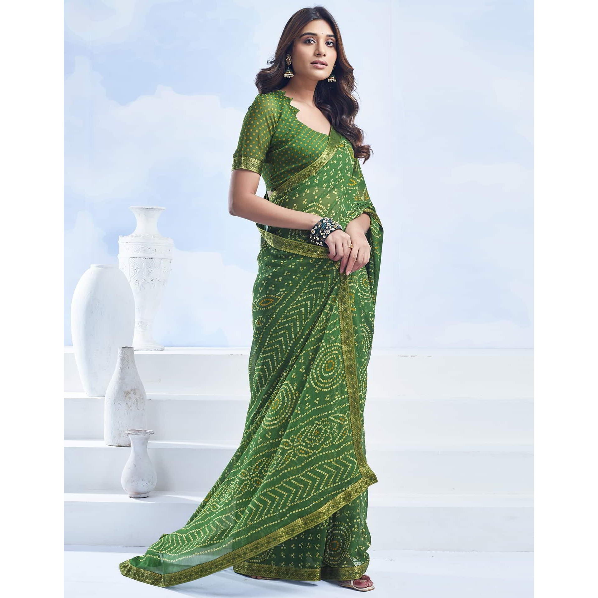 Shiv Textiles Women's Chiffon Bandhani Printed & Lace Border Saree(Sat-545S-107)