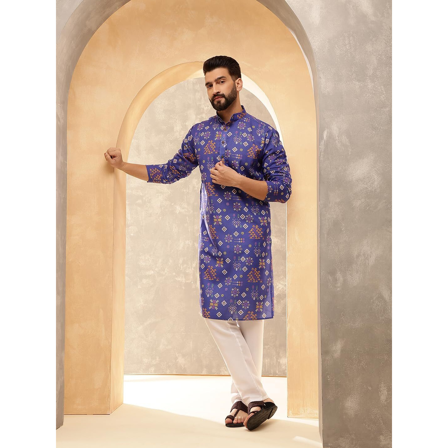 Sojanya (Since 1958 Men's Cotton Linen Ethnic Motifs Printed Blue Kurta With White Pyjama