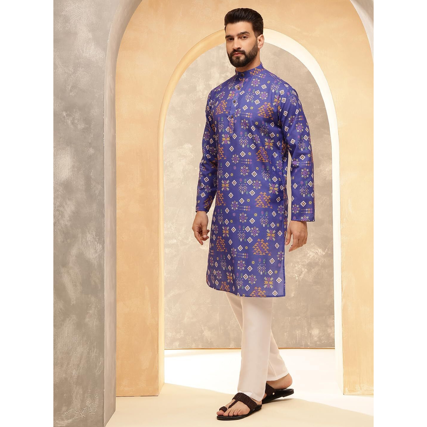 Sojanya (Since 1958 Men's Cotton Linen Ethnic Motifs Printed Blue Kurta With White Pyjama