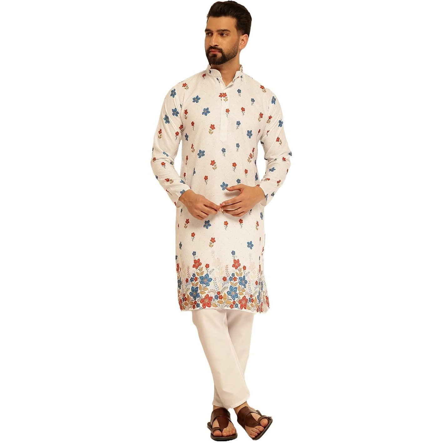 Sojanya (Since 1958 Men's Cotton Daman Print With Krochet Embroidered White Kurta And Pyjama
