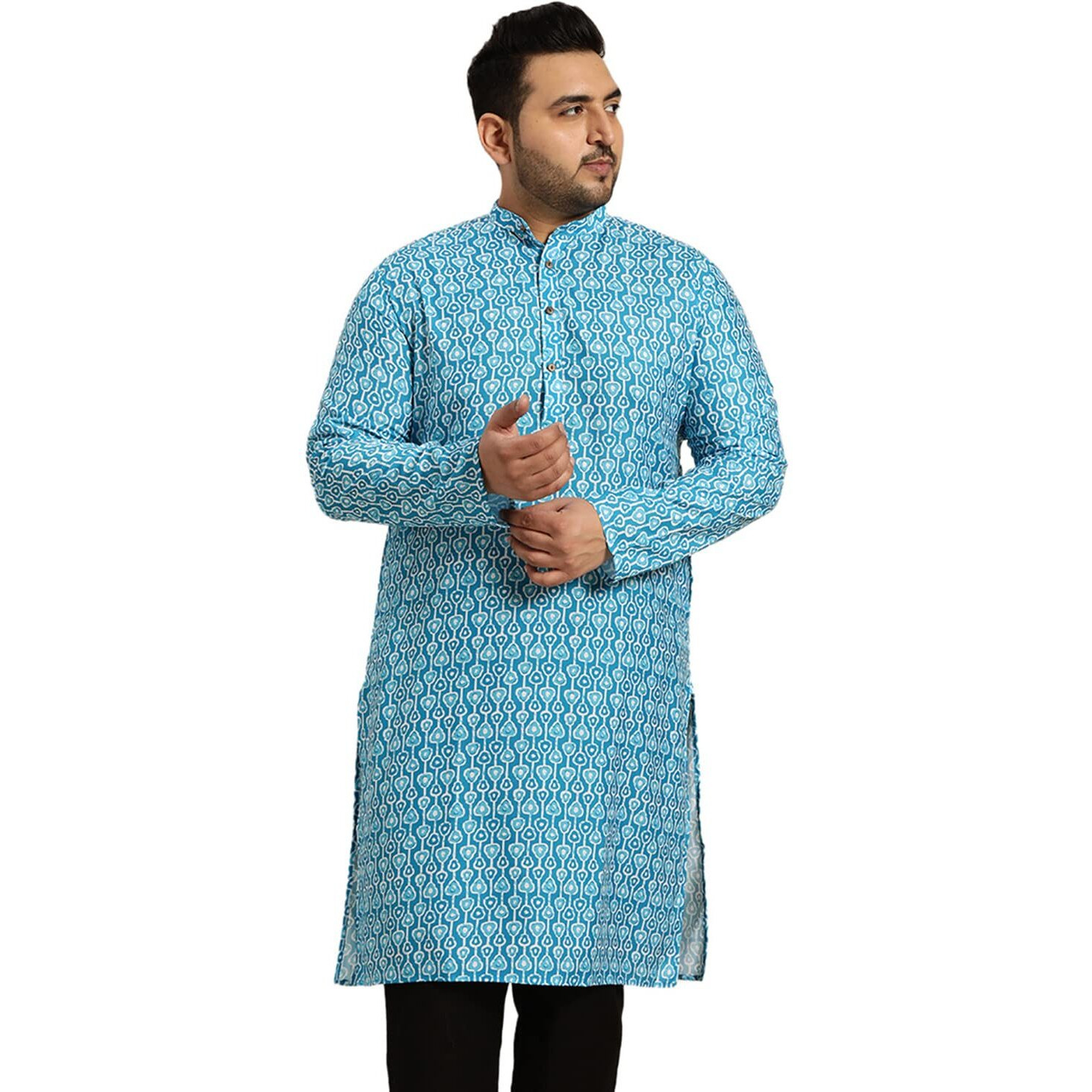Sojanya Plus (Since 1958) Men's Cotton Turquoise Blue And White Printed Only Long Kurta
