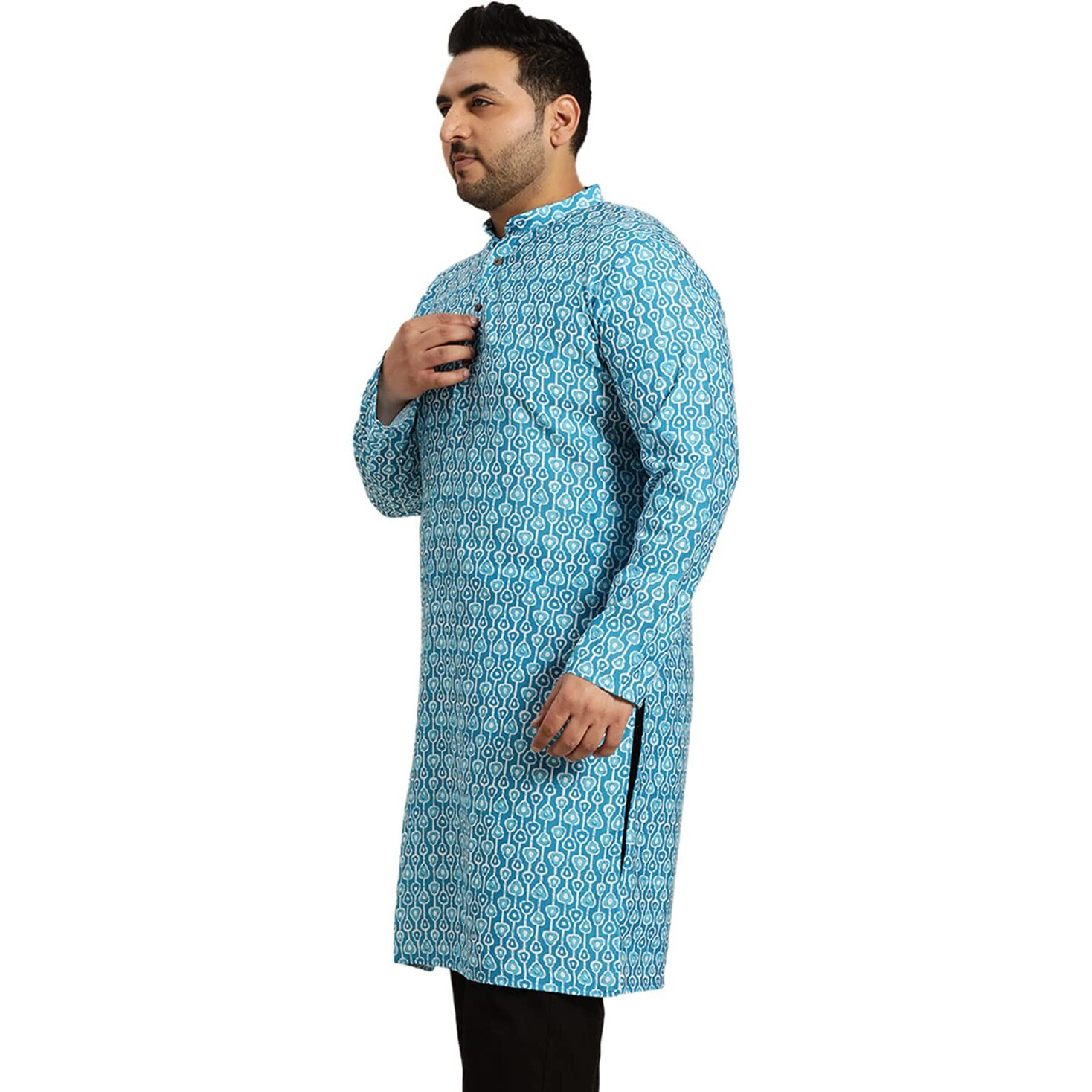 Sojanya Plus (Since 1958) Men's Cotton Turquoise Blue And White Printed Only Long Kurta