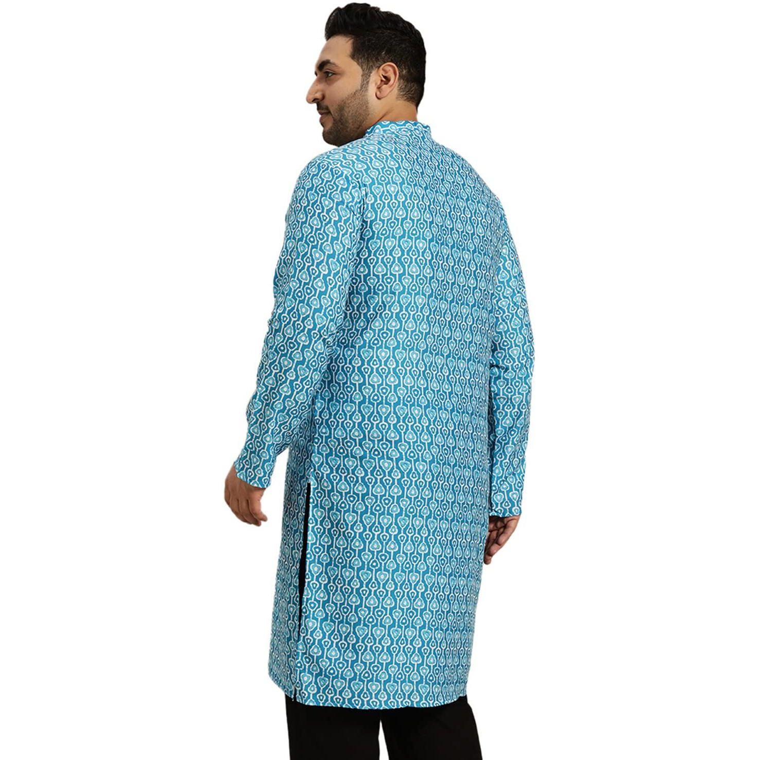 Sojanya Plus (Since 1958) Men's Cotton Turquoise Blue And White Printed Only Long Kurta