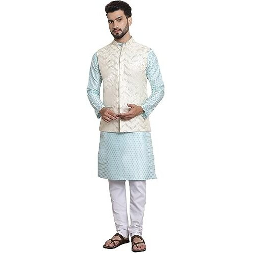 Sojanya (Since 1958 Men's Silk Blend Blue Kurta And Off-White Pyjama With Cream Nehrujacket