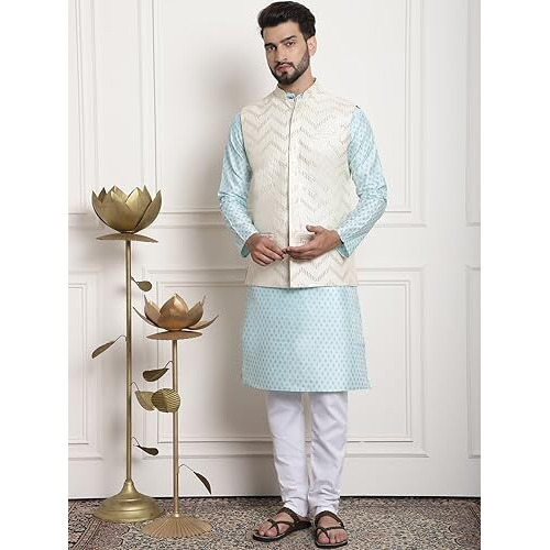 Sojanya (Since 1958 Men's Silk Blend Blue Kurta And Off-White Pyjama With Cream Nehrujacket