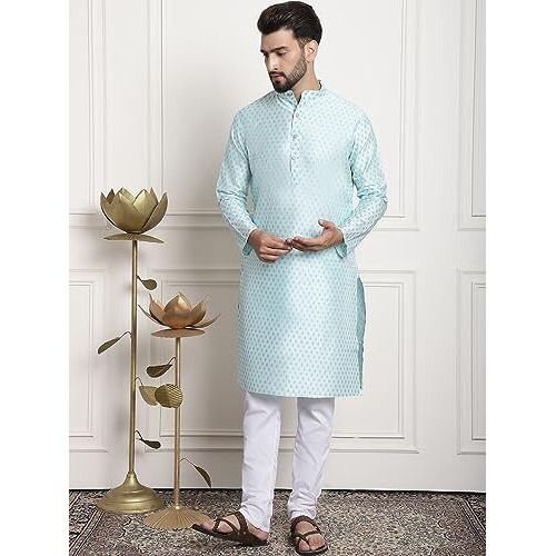 Sojanya (Since 1958 Men's Silk Blend Blue Kurta And Off-White Pyjama With Cream Nehrujacket