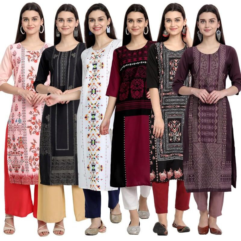 Tee Projekt Printed Crepe Kurti For Women Ll Vibrant Colour Kurti (Pack Of 6)