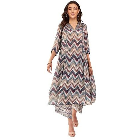 Toochki Salwar Suit Set For Women| Rayon Kurta Set | Cotton Kurti Set | A Line 3/4 Sleeve | Ethnic Set | Chevron Printed Dress | Multicolor | With Plazzo | Co Ord