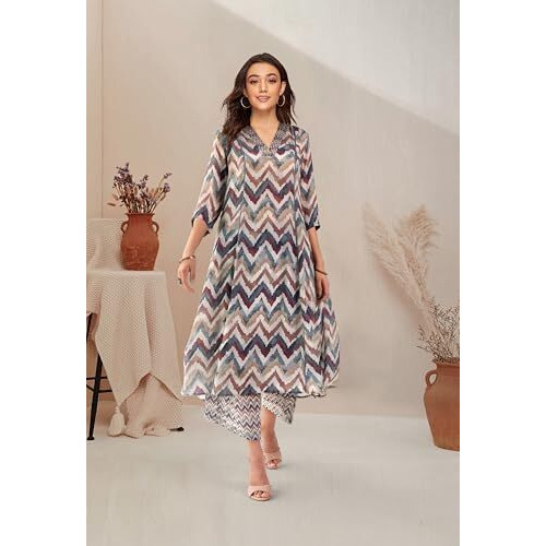 Toochki Salwar Suit Set For Women| Rayon Kurta Set | Cotton Kurti Set | A Line 3/4 Sleeve | Ethnic Set | Chevron Printed Dress | Multicolor | With Plazzo | Co Ord
