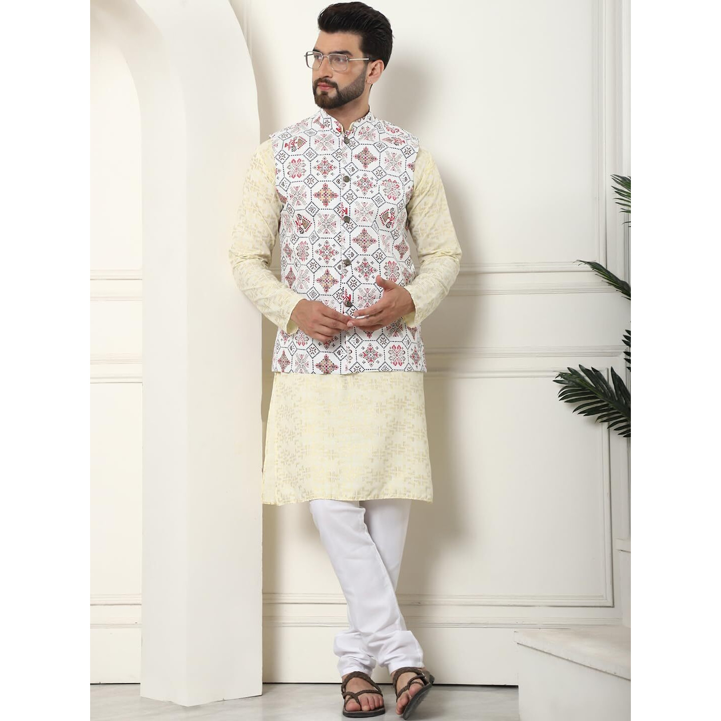 Sojanya (Since 1958 Men's Cotton Foil Printed Yellow Kurta And White Pyjama With Printed Cream Nehru Jacket