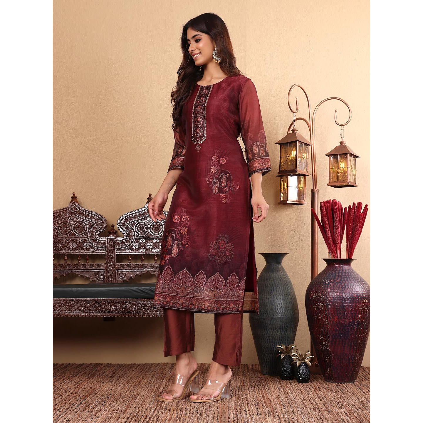 Varanga Women Maroon Floral Printed Kurta Paired With Bottom And Dupatta