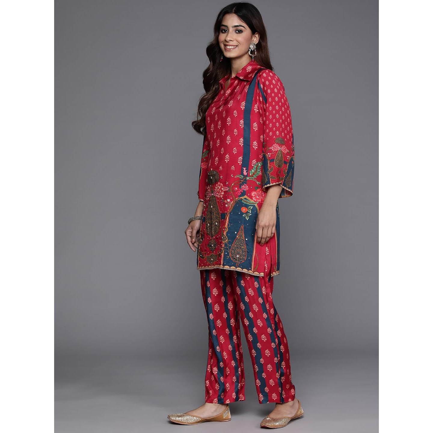 Varanga Women Multicolor Printed Shirt Collar Embellished Co-Ord-Set