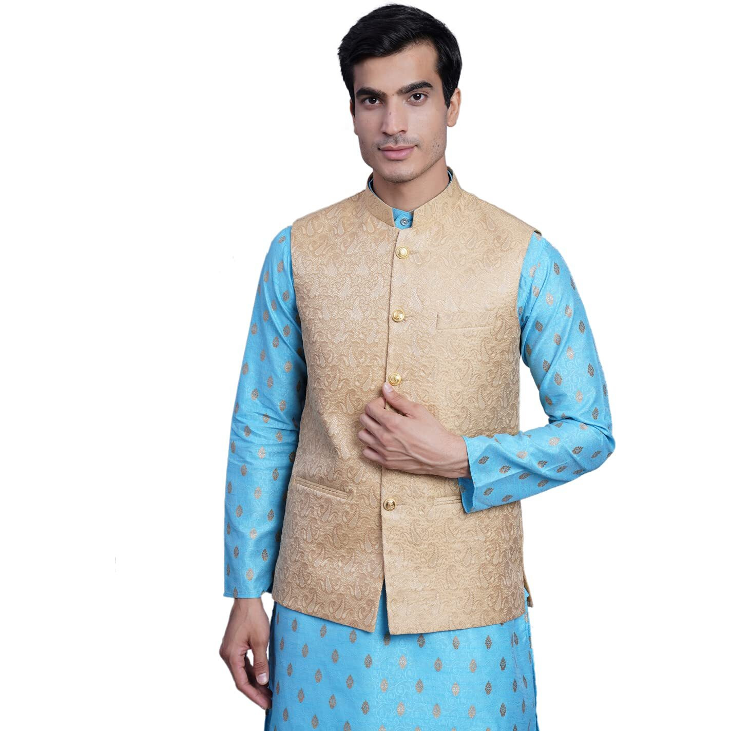 Wintage Men's Banarsi Rayon Cotton Bandhgala Festive Nehru Modi Jacket Waistcoat  Beige2, Small