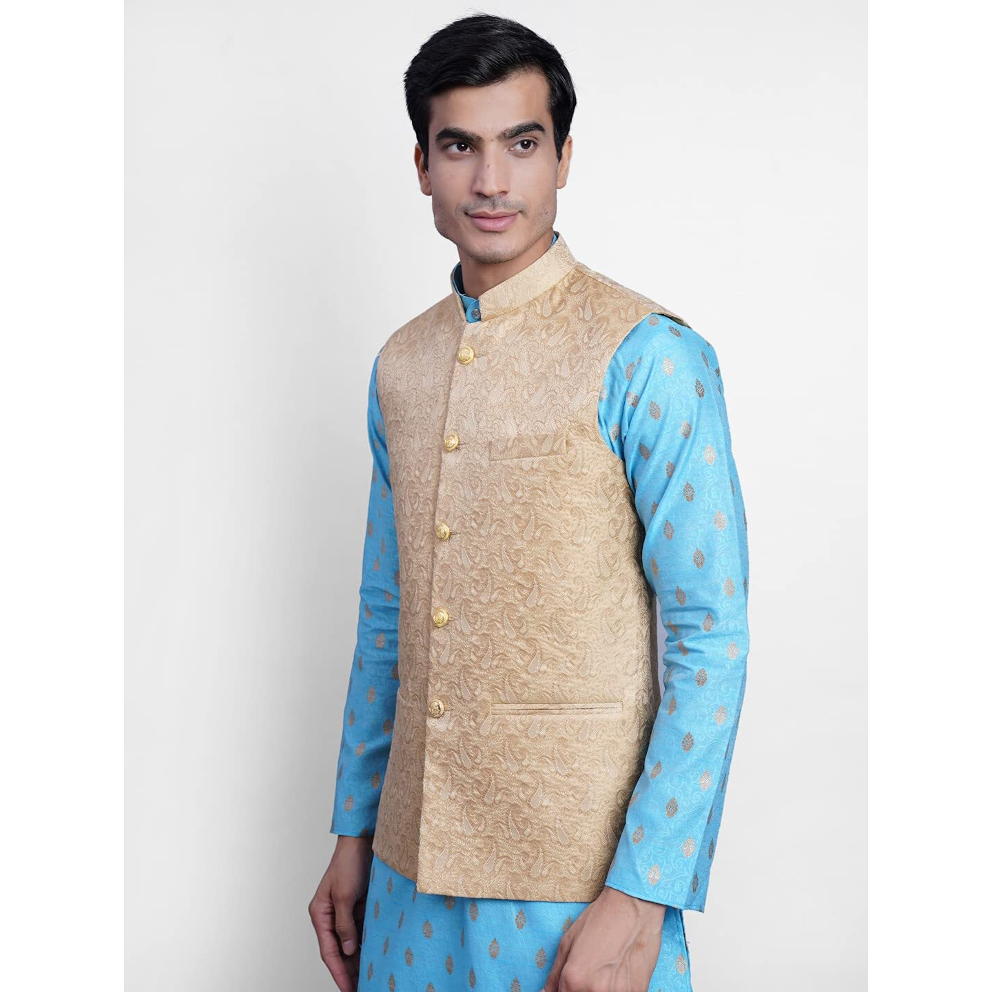 Wintage Men's Banarsi Rayon Cotton Bandhgala Festive Nehru Modi Jacket Waistcoat  Beige2, Small