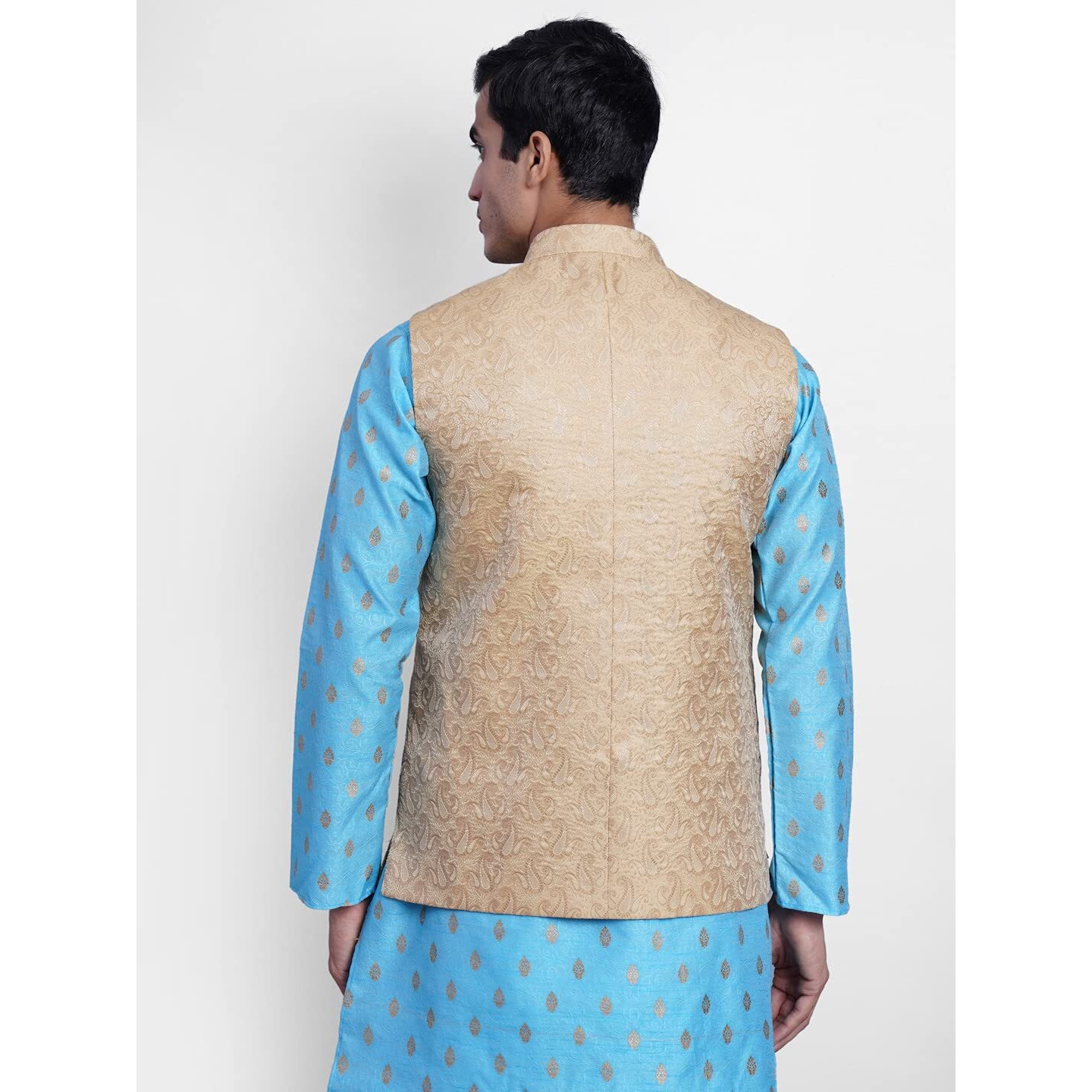 Wintage Men's Banarsi Rayon Cotton Bandhgala Festive Nehru Modi Jacket Waistcoat  Beige2, Small