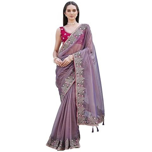 Womanista Women's Purple Colored Designer Shimmer Net Embroidered Saree(Ti7036_Purple_Onesize)