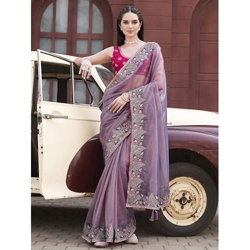 Womanista Women's Purple Colored Designer Shimmer Net Embroidered Saree(Ti7036_Purple_Onesize)
