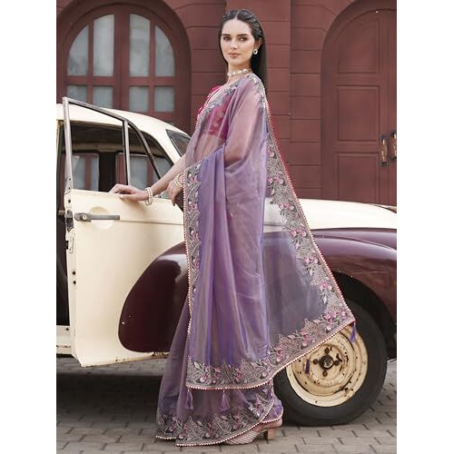 Womanista Women's Purple Colored Designer Shimmer Net Embroidered Saree(Ti7036_Purple_Onesize)