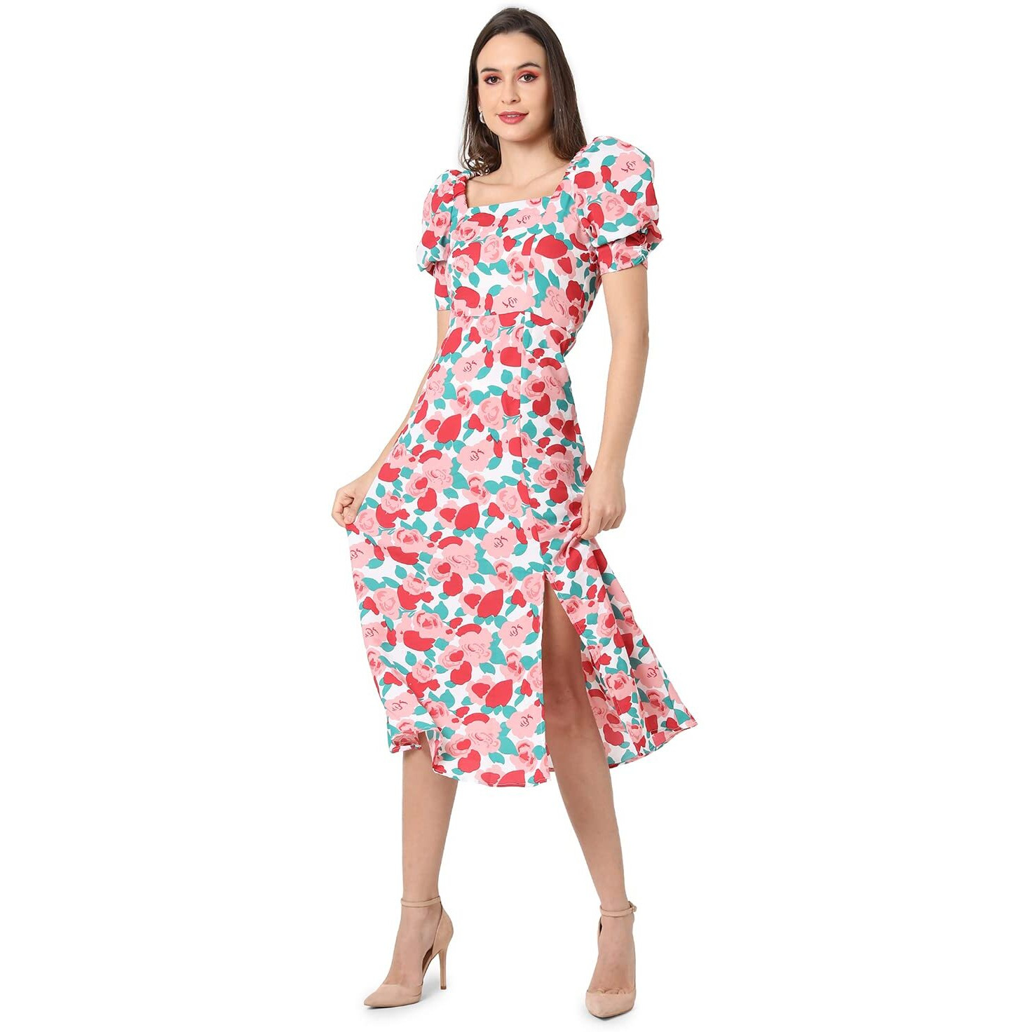 Campus Sutra Women White & Pink Floral Printed Knee Length Casual Dress(Ssmr22_Csw-Aw-Dr4085_S)