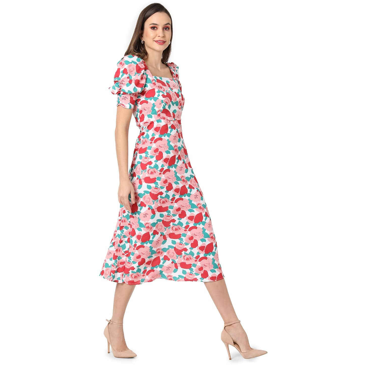 Campus Sutra Women White & Pink Floral Printed Knee Length Casual Dress(Ssmr22_Csw-Aw-Dr4085_S)