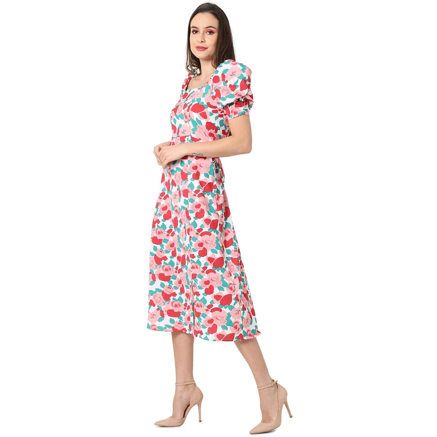Campus Sutra Women White & Pink Floral Printed Knee Length Casual Dress(Ssmr22_Csw-Aw-Dr4085_S)