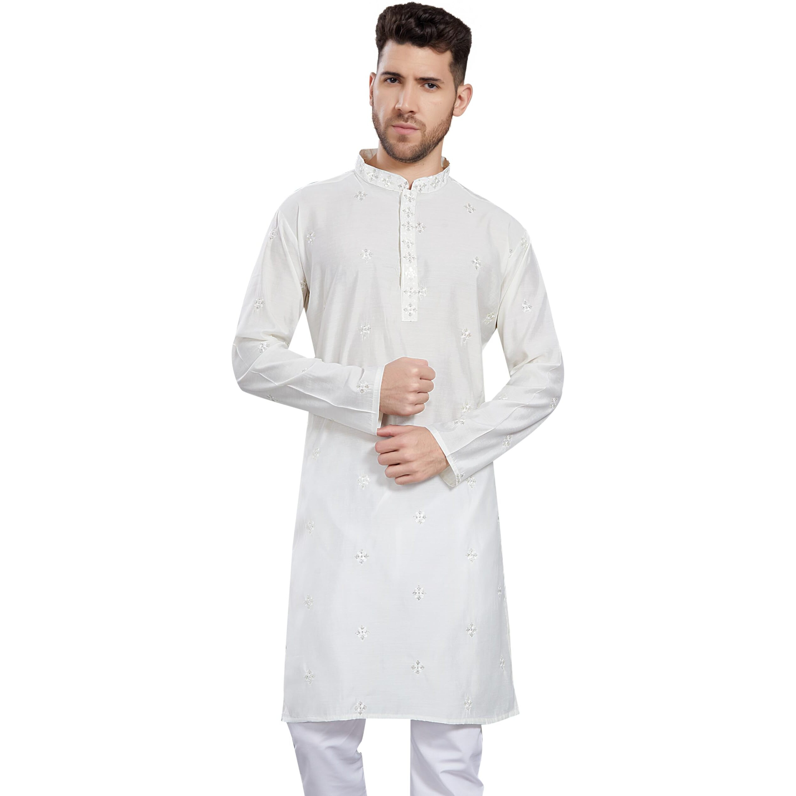 Divisive Men's Embroidered Silk Blend Only Slim Fit Kurta (Dkrt823_Xxl_Cream)