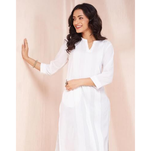 Fabindia Women's Cotton Solid Regular Kurta (1037275White_White
