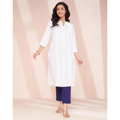 Fabindia Women's Cotton Solid Regular Kurta (1037275White_White