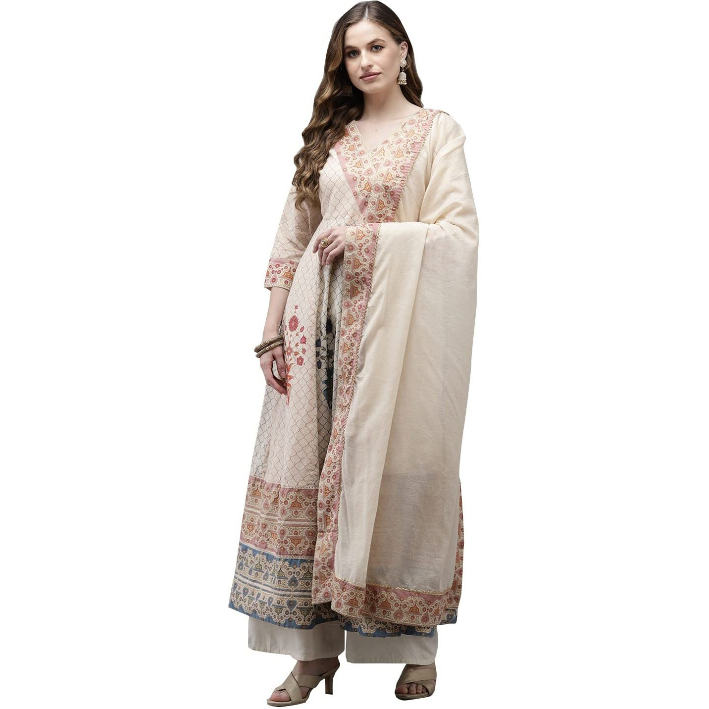Ishin Women's Beige Foil Printed Anarkali Kurta With Dupatta